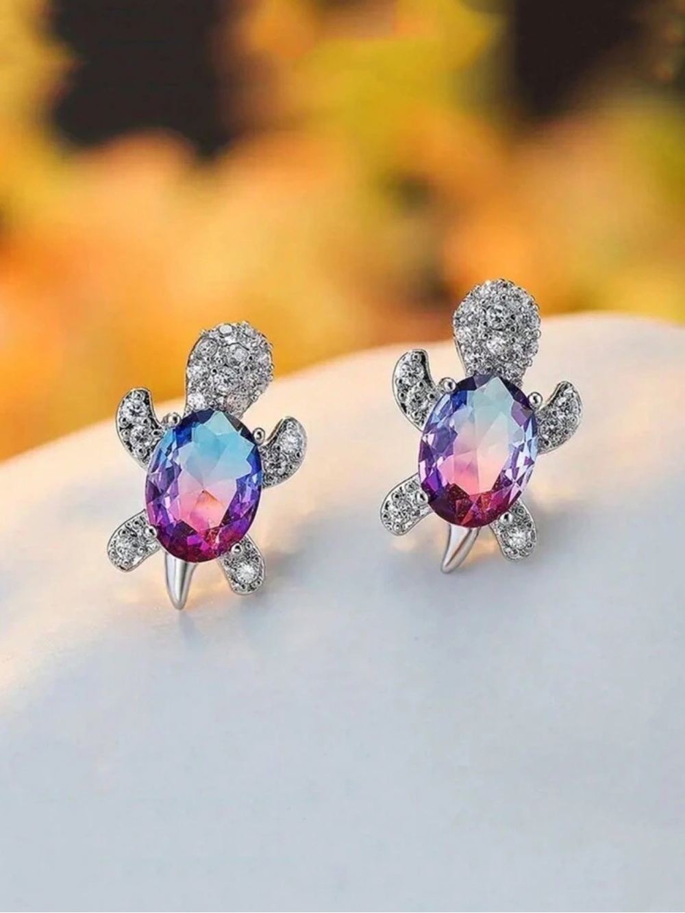 Mystic Gradient Turtle Stud Earrings - Silver Tone